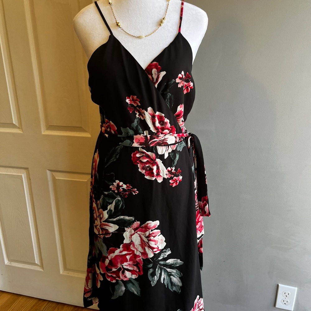 Lulu's Black Floral Midi Dress with Red and Green Accents